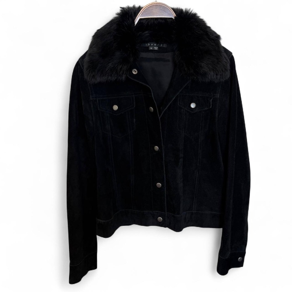 Theory Whimsi Cool Girl Theory Suede Black Jacket with Rabbit Fur Collar